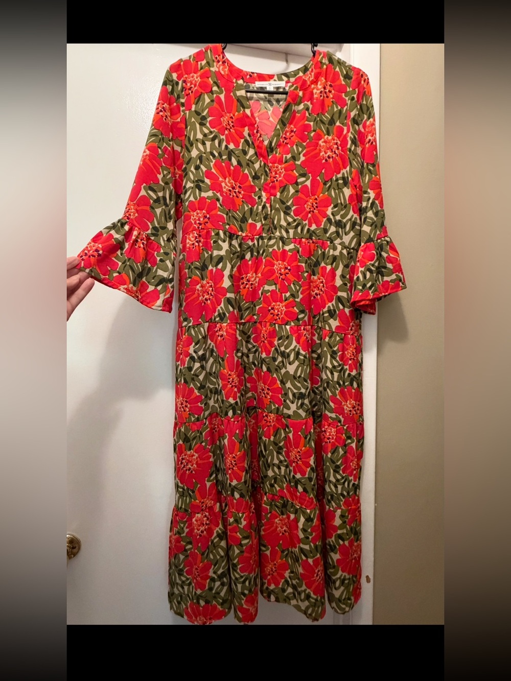 Floral Tiered V-Neck Midi Dress in Red and Olive